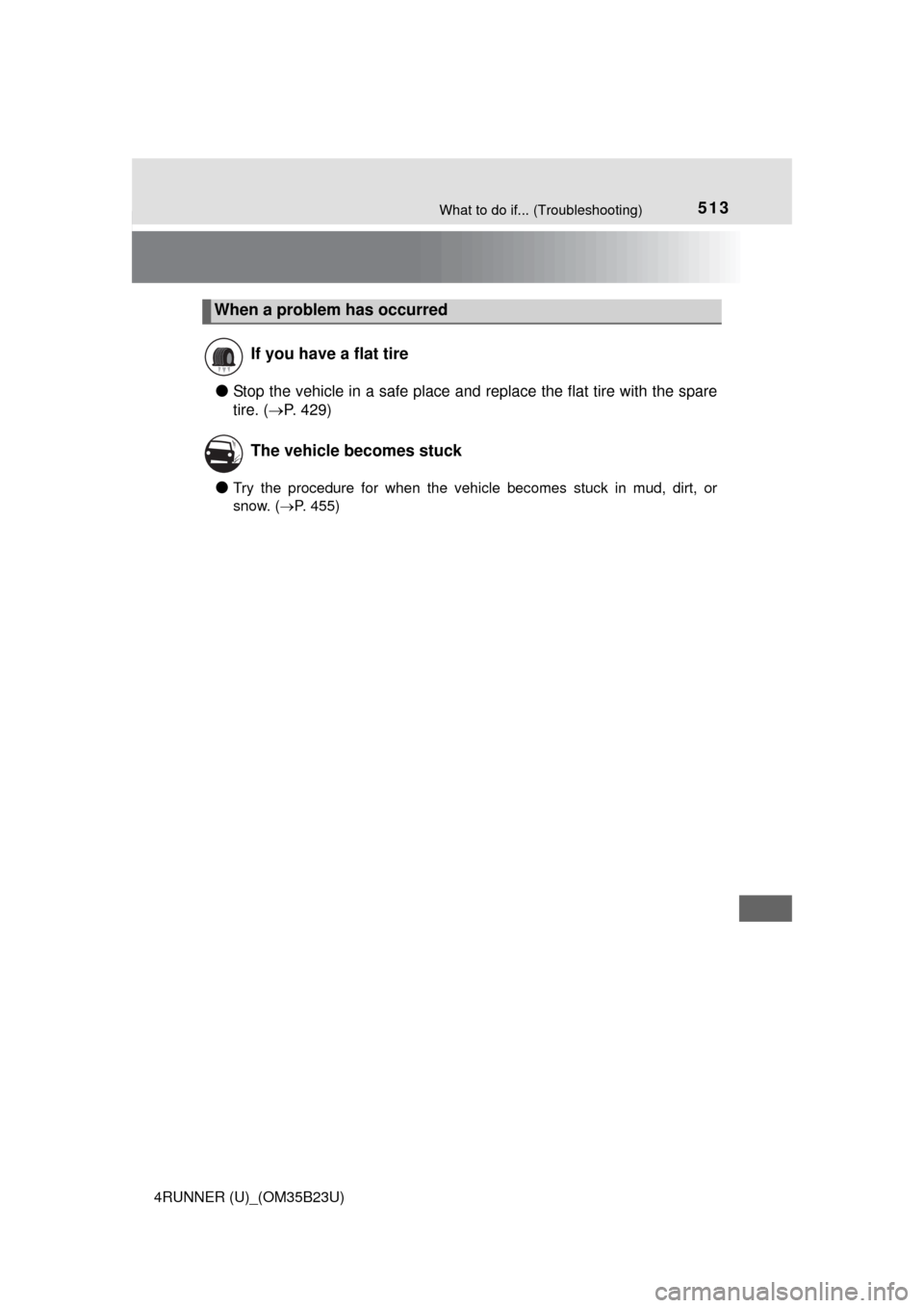TOYOTA 4RUNNER 2016 N280 / 5.G Owners Manual 513What to do if... (Troubleshooting)
4RUNNER (U)_(OM35B23U)
●Stop the vehicle in a safe place and replace the flat tire with the spare
tire. (P. 429)
●Try the procedure for when the vehicle be