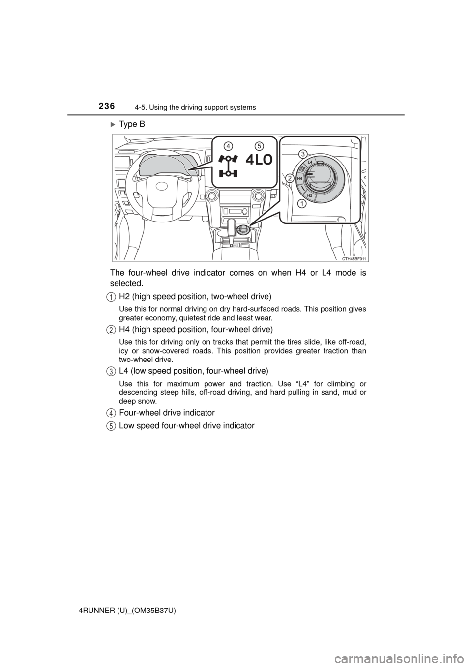 TOYOTA 4RUNNER 2017 N280 / 5.G Owners Manual 2364-5. Using the driving support systems
4RUNNER (U)_(OM35B37U)
Ty p e  B
The four-wheel drive indicator comes on when H4 or L4 mode is
selected. H2 (high speed position, two-wheel drive)
Use this