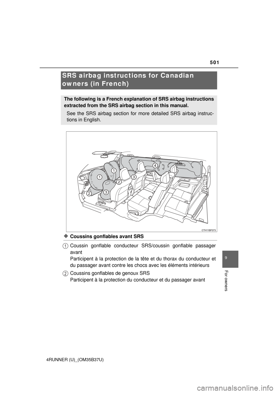 TOYOTA 4RUNNER 2017 N280 / 5.G Owners Manual 501
9
For owners
4RUNNER (U)_(OM35B37U)
◆Coussins gonflables avant SRS
Coussin gonflable conducteur SRS/coussin gonflable passager
avant
Participent à la protection de la tête et du thorax du cond