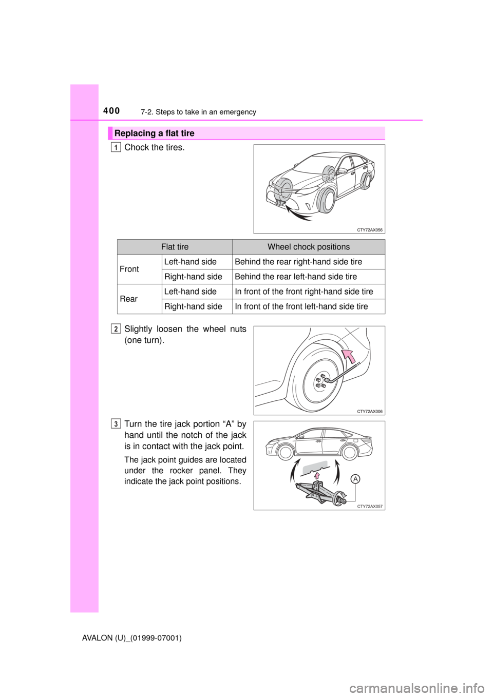 TOYOTA AVALON 2016 XX40 / 4.G Owners Manual 4007-2. Steps to take in an emergency
AVALON (U)_(01999-07001)
Chock the tires.
Slightly loosen the wheel nuts
(one turn).
Turn the tire jack portion “A” by
hand until the notch of the jack
is in 