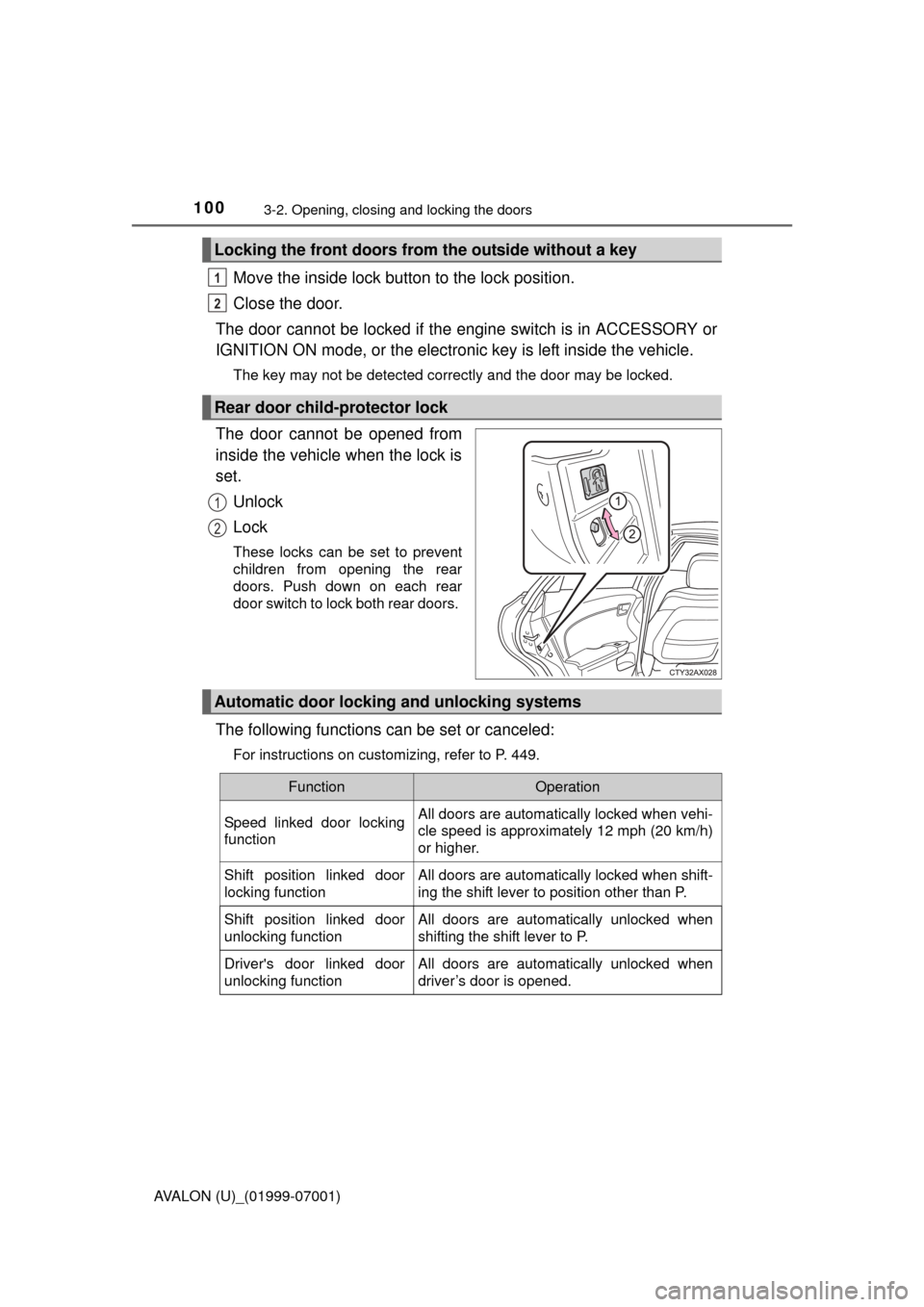 TOYOTA AVALON 2016 XX40 / 4.G Owners Manual 1003-2. Opening, closing and locking the doors
AVALON (U)_(01999-07001)
Move the inside lock button to the lock position.
Close the door.
The door cannot be locked if the engine switch is in ACCESSORY