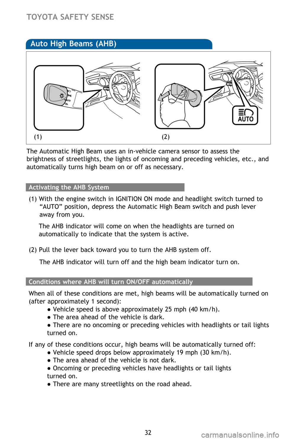 TOYOTA AVALON 2016 XX40 / 4.G Quick Reference Guide 32
Conditions where AHB will turn ON/OFF automatically
When all of these conditions are met, high beams will be automatically turned on 
(after approximately 1 second):
=��9�H�K�L�F�O�H��V�S�H�H�G�