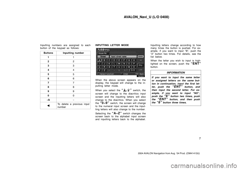 TOYOTA AVALON 2004 XX30 / 3.G Navigation Manual AVALON_Navi_U (L/O 0408)
7
2004 AVALON Navigation from Aug. ’04 Prod. (OM41413U)
Inputting numbers are assigned to each
button of the keypad as follows:
Buttons
Inputting number
11
22
33
44
55
66
77 TOYOTA AVALON 2004 XX30 / 3.G Navigation Manual AVALON_Navi_U (L/O 0408)
7
2004 AVALON Navigation from Aug. ’04 Prod. (OM41413U)
Inputting numbers are assigned to each
button of the keypad as follows:
Buttons
Inputting number
11
22
33
44
55
66
77