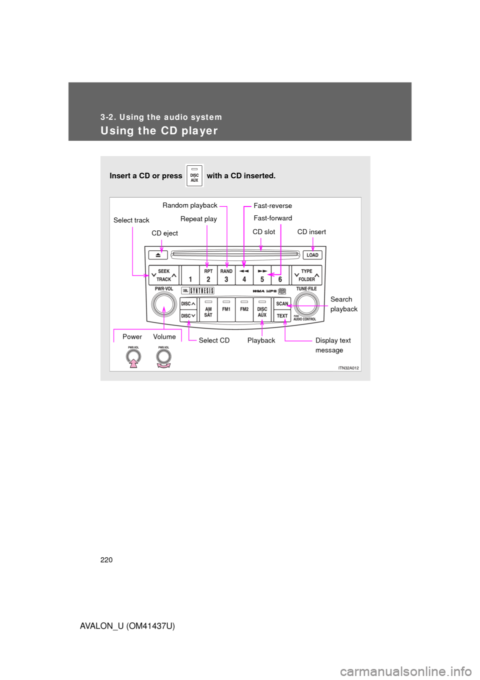 TOYOTA AVALON 2010 XX30 / 3.G Owners Manual 220
3-2. Using the audio system
AVALON_U (OM41437U)
Using the CD player
Insert a CD or press   with a CD inserted. 
Select CDSearch 
playback
Repeat play
CD eject
Playback
Select track
CD slot CD inse