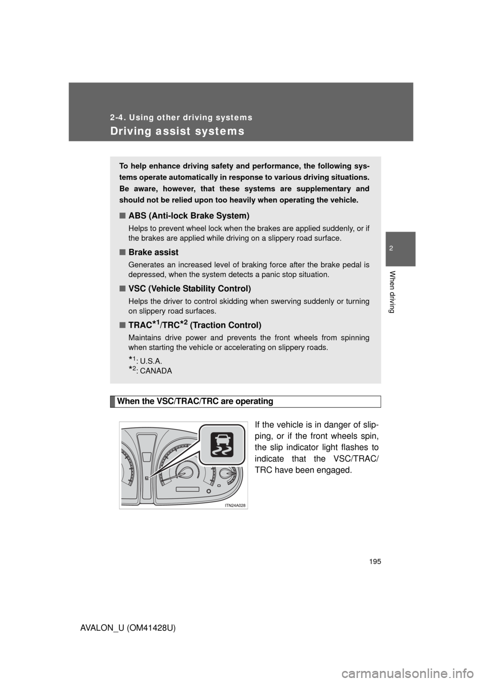 TOYOTA AVALON 2011 XX30 / 3.G Owners Manual 195
2-4. Using other driving systems
2
When driving
AVALON_U (OM41428U)
Driving assist systems
When the VSC/TRAC/TRC are operating
If the vehicle is in danger of slip-
ping, or if the front wheels spi TOYOTA AVALON 2011 XX30 / 3.G Owners Manual 195
2-4. Using other driving systems
2
When driving
AVALON_U (OM41428U)
Driving assist systems
When the VSC/TRAC/TRC are operating
If the vehicle is in danger of slip-
ping, or if the front wheels spi