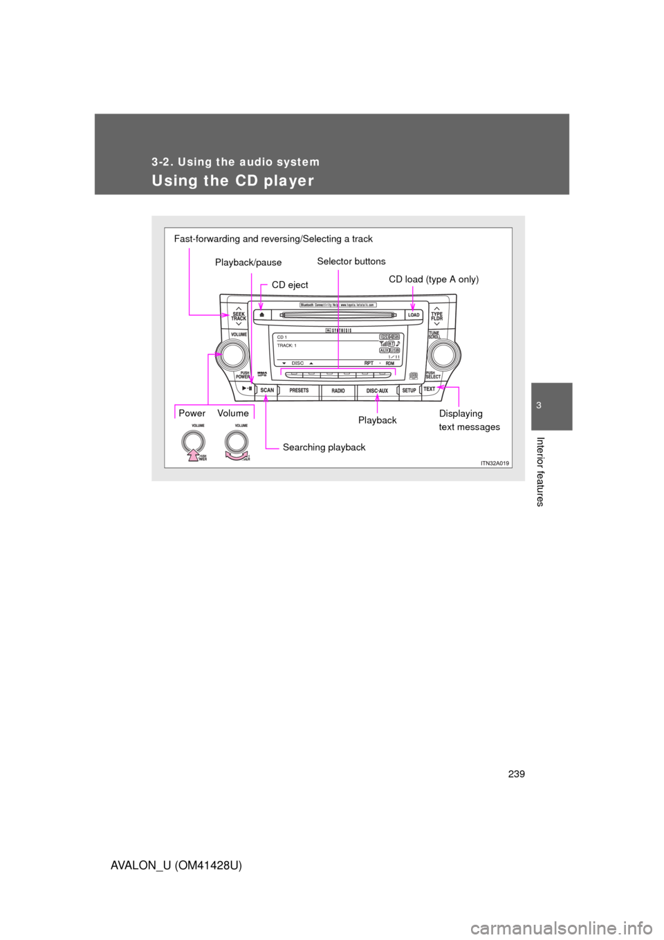 TOYOTA AVALON 2011 XX30 / 3.G Owners Manual 239
3-2. Using the audio system
3
Interior features
AVALON_U (OM41428U)
Using the CD player
Selector buttons
CD load (type A only)
Displaying 
text messages
Searching playbackPlayback Playback/pause F