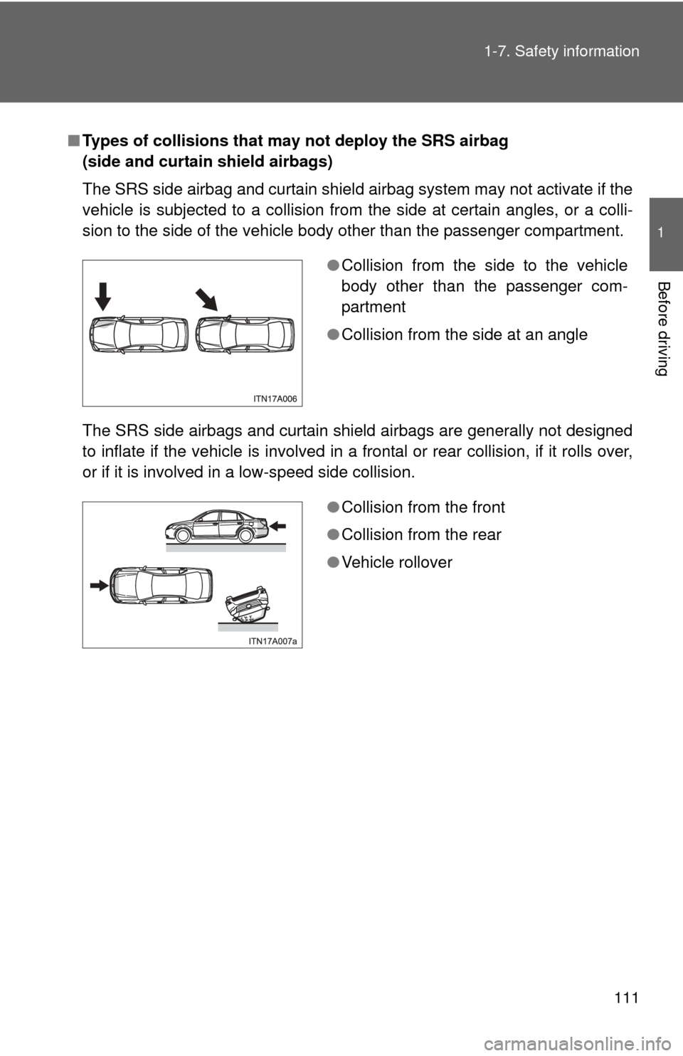 TOYOTA AVALON 2012 XX40 / 4.G Owners Manual 111
1-7. Safety information
1
Before driving
■
Types of collisions that may  not deploy the SRS airbag 
(side and curtain shield airbags)
The SRS side airbag and curtain shield airbag system may not