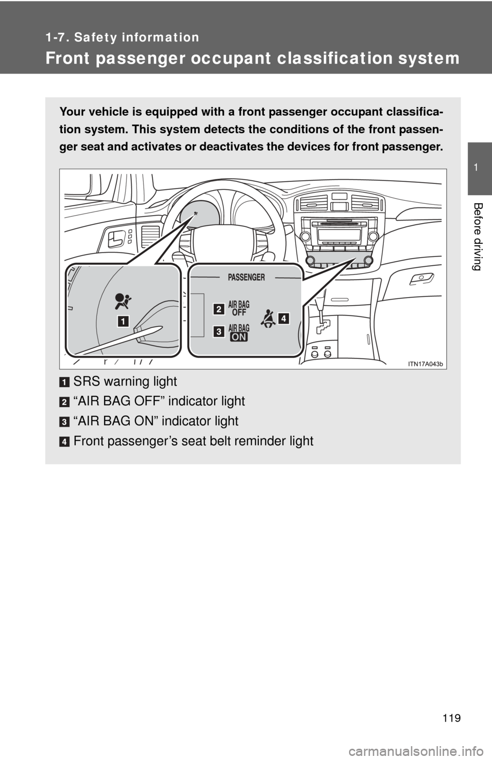 TOYOTA AVALON 2012 XX40 / 4.G Owners Manual 119
1
1-7. Safety information
Before driving
Front passenger occupant classification system
Your vehicle is equipped with a front passenger occupant classifica-
tion system. This system detects the co