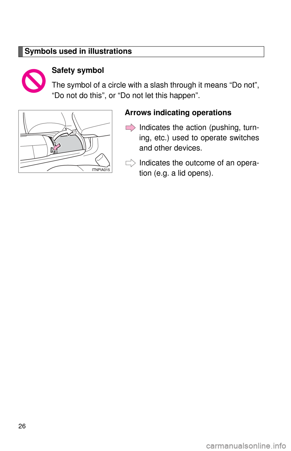 TOYOTA AVALON 2012 XX40 / 4.G Owners Manual 26
Symbols used in illustrationsSafety symbol
The symbol of a circle with a  slash through it means “Do not”,
“Do not do this”, or “Do not let this happen”.
Arrows indicating operationsInd