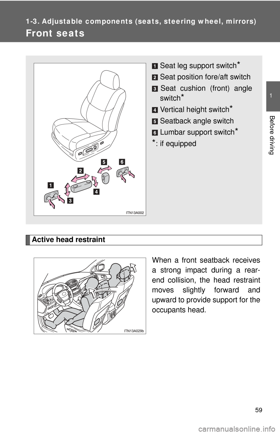 TOYOTA AVALON 2012 XX40 / 4.G Owners Manual 59
1
Before driving
1-3. Adjustable components (seats, steering wheel, mirrors)
Front seats
Active head restraint
When a front seatback receives
a strong impact during a rear-
end collision, the head 
