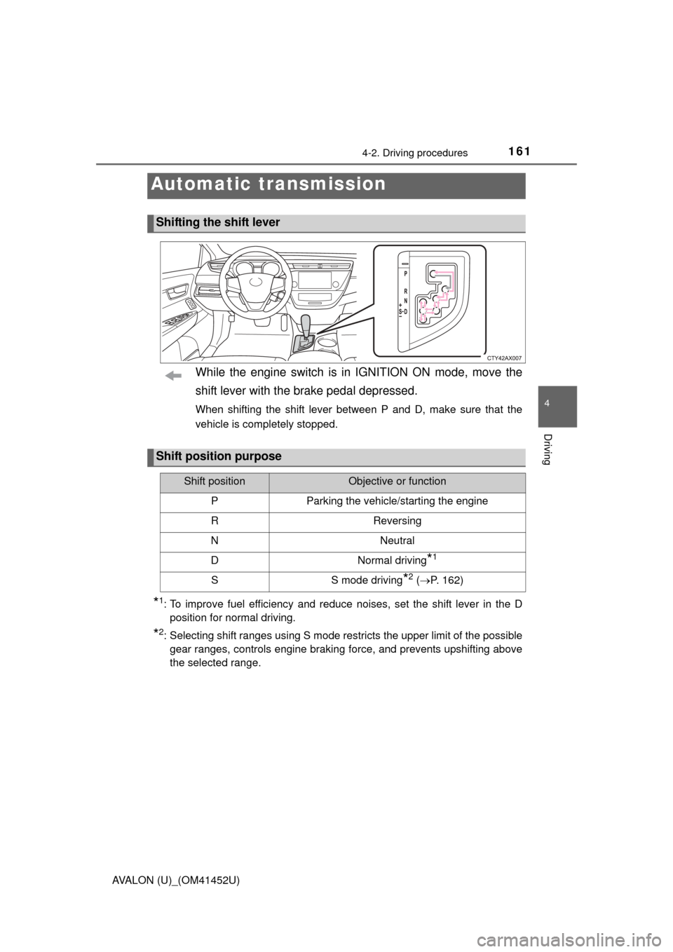 TOYOTA AVALON 2014 XX40 / 4.G Owners Manual 1614-2. Driving procedures
4
Driving
AVALON (U)_(OM41452U)
While the engine switch is in IGNITION ON mode, move the
shift lever with the brake pedal depressed.
When shifting the shift lever between P 