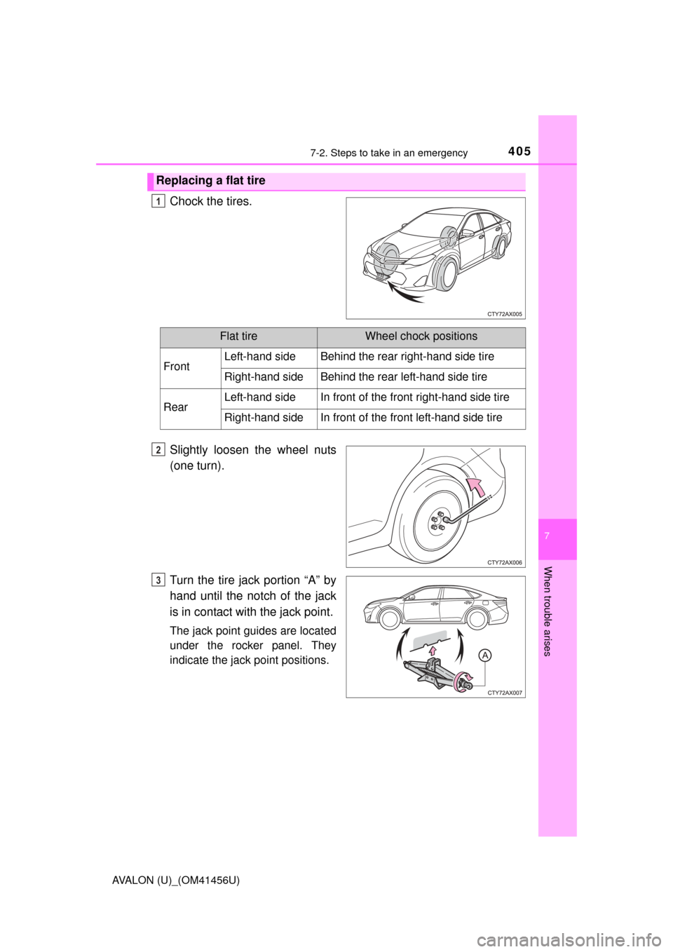 TOYOTA AVALON 2015 XX40 / 4.G Owners Manual 4057-2. Steps to take in an emergency
7
When trouble arises
AVALON (U)_(OM41456U)
Chock the tires.
Slightly loosen the wheel nuts
(one turn).
Turn the tire jack portion “A” by
hand until the notch