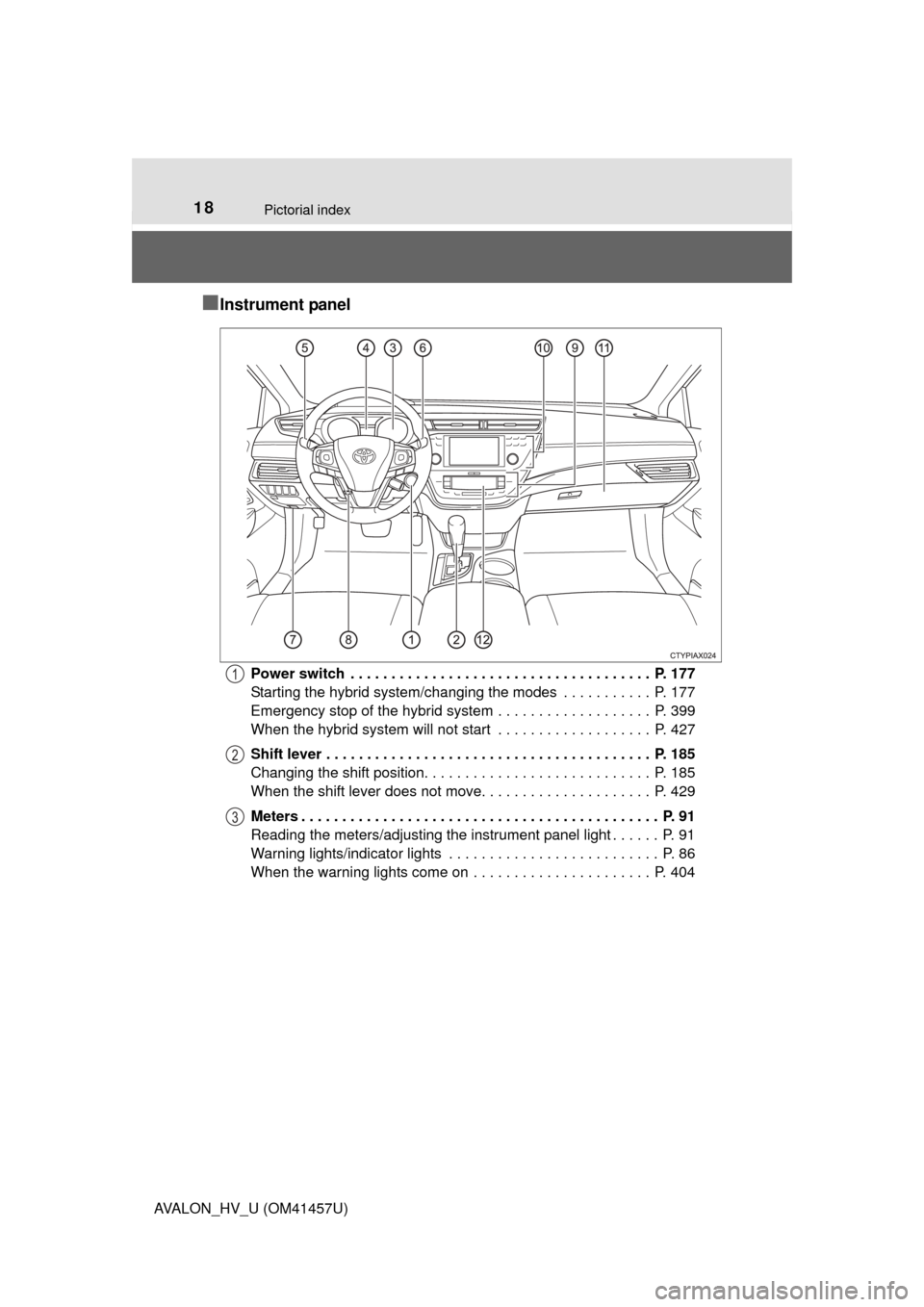 TOYOTA AVALON HYBRID 2015 XX40 / 4.G Owners Manual 18Pictorial index
AVALON_HV_U (OM41457U)
■Instrument panel
Power switch . . . . . . . . . . . . . . . . . . . . . . . . . . . . . . . . . . . . . P. 177
Starting the hybrid system/changing the mod TOYOTA AVALON HYBRID 2015 XX40 / 4.G Owners Manual 18Pictorial index
AVALON_HV_U (OM41457U)
■Instrument panel
Power switch . . . . . . . . . . . . . . . . . . . . . . . . . . . . . . . . . . . . . P. 177
Starting the hybrid system/changing the mod