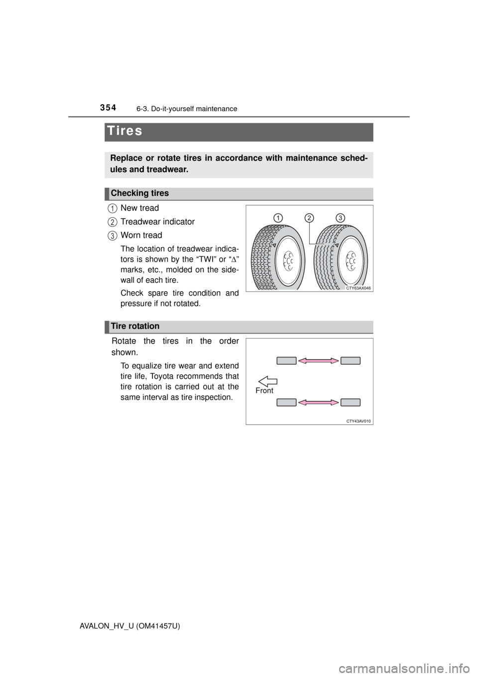 TOYOTA AVALON HYBRID 2015 XX40 / 4.G Owners Manual 3546-3. Do-it-yourself maintenance
AVALON_HV_U (OM41457U)
New tread
Treadwear indicator
Worn tread
The location of treadwear indica-
tors is shown by the “TWI” or “”
marks, etc., molded on 