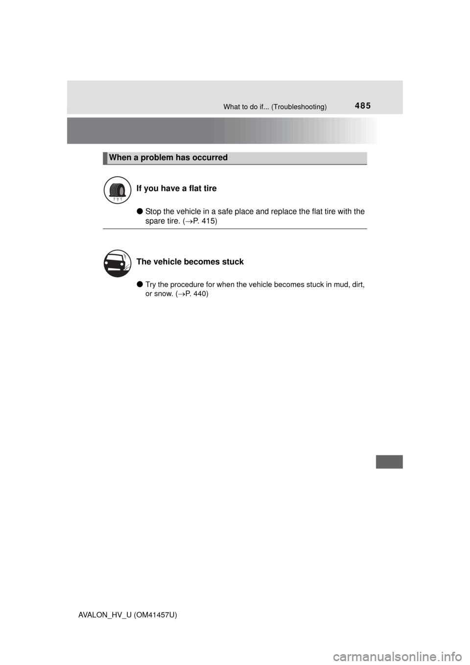 TOYOTA AVALON HYBRID 2015 XX40 / 4.G Owners Manual 485What to do if... (Troubleshooting)
AVALON_HV_U (OM41457U)
●Stop the vehicle in a safe place and replace the flat tire with the
spare tire. (P. 415)
●Try the procedure for when the vehicle be