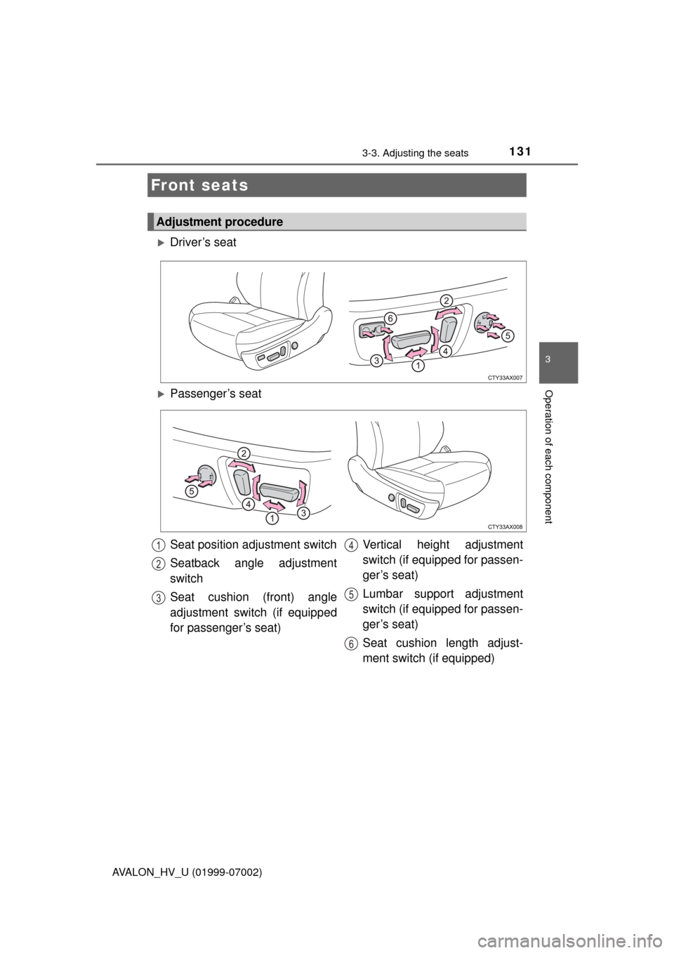 TOYOTA AVALON HYBRID 2016 XX40 / 4.G Owners Manual 131
3
Operation of each component
AVALON_HV_U (01999-07002)
3-3. Adjusting the seats
Driver’s seat
Front seats
Adjustment procedure
Passenger’s seat
Seat position adjustment switch
Seatback 