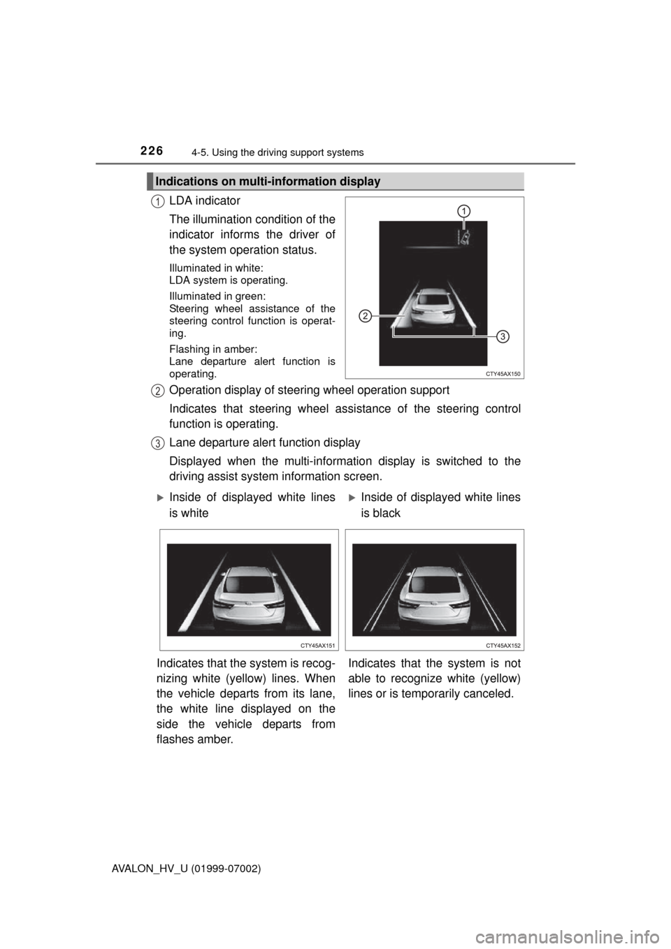 TOYOTA AVALON HYBRID 2016 XX40 / 4.G Owners Manual 2264-5. Using the driving support systems
AVALON_HV_U (01999-07002)
LDA indicator
The illumination condition of the
indicator informs the driver of
the system operation status.
Illuminated in white: 
