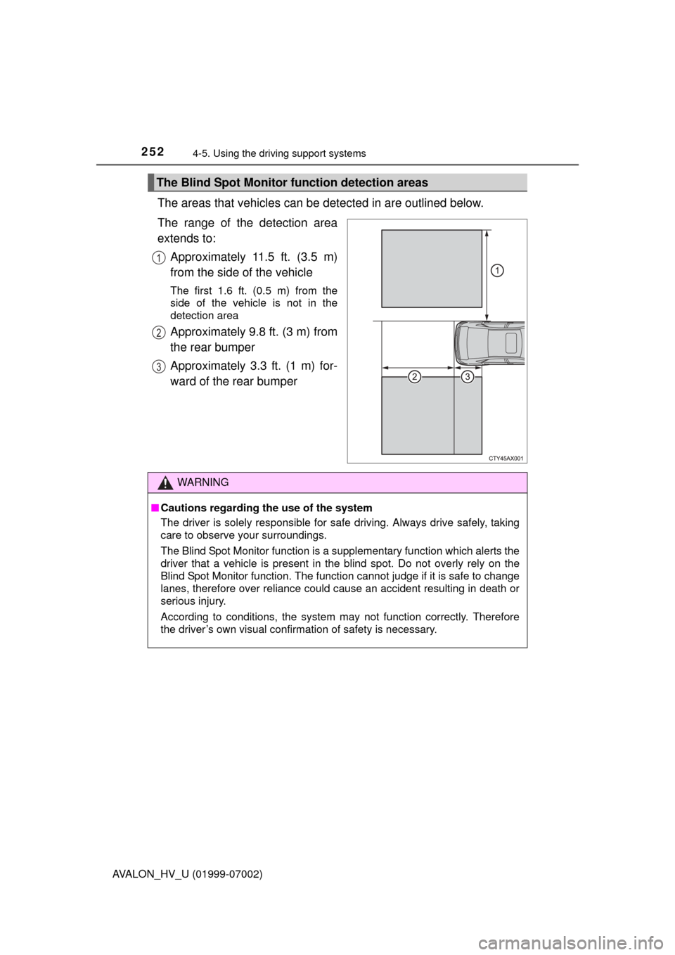 TOYOTA AVALON HYBRID 2016 XX40 / 4.G Owners Manual 2524-5. Using the driving support systems
AVALON_HV_U (01999-07002)
The areas that vehicles can be  detected in are outlined below.
The range of the detection area
extends to: Approximately 11.5 ft. (
