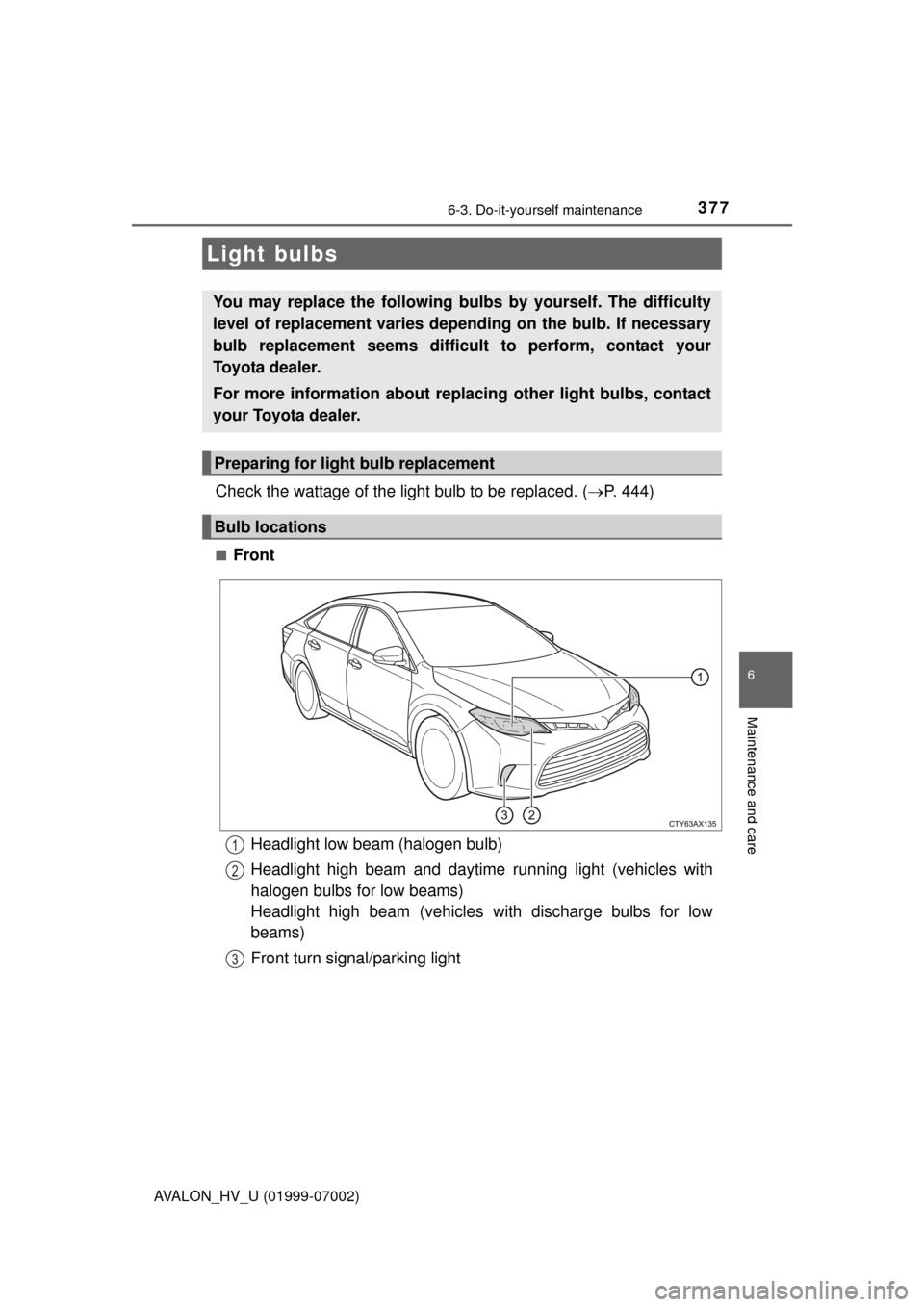 TOYOTA AVALON HYBRID 2016 XX40 / 4.G Owners Manual 3776-3. Do-it-yourself maintenance
6
Maintenance and care
AVALON_HV_U (01999-07002)
Check the wattage of the light bulb to be replaced. (P. 444)
■Front
Light bulbs
You may replace the following b