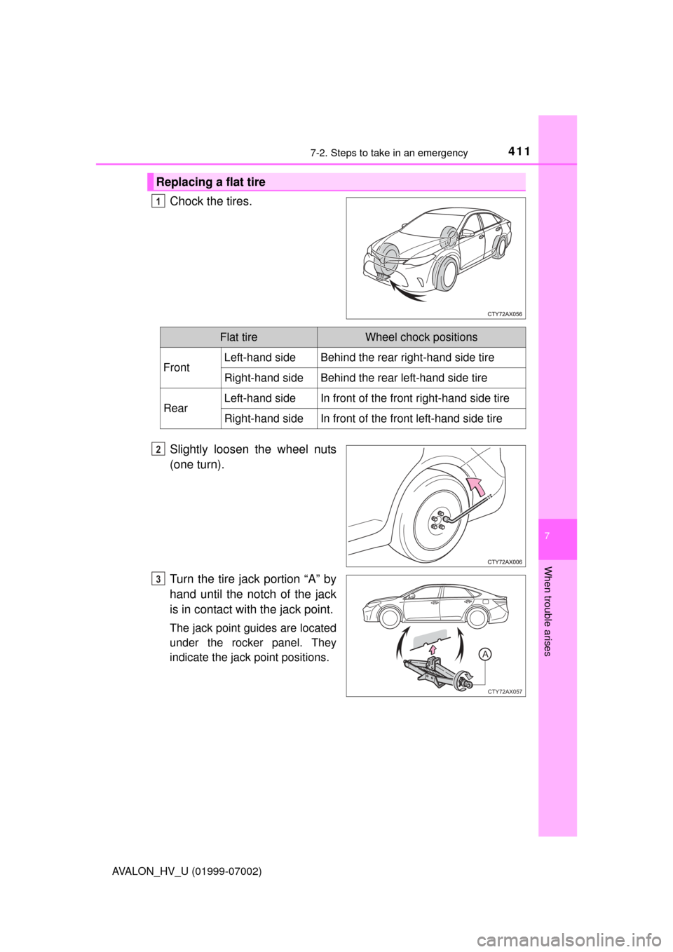 TOYOTA AVALON HYBRID 2016 XX40 / 4.G Owners Manual 4117-2. Steps to take in an emergency
7
When trouble arises
AVALON_HV_U (01999-07002)
Chock the tires.
Slightly loosen the wheel nuts
(one turn).
Turn the tire jack portion “A” by
hand until the n