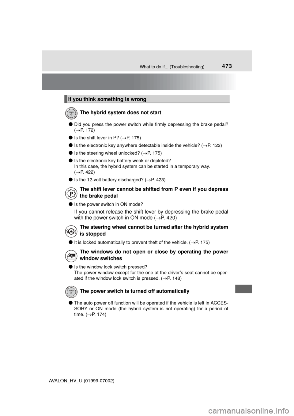 TOYOTA AVALON HYBRID 2016 XX40 / 4.G Owners Manual 473What to do if... (Troubleshooting)
AVALON_HV_U (01999-07002)
●Did you press the power switch while firmly depressing the brake pedal?
( P. 172)
●Is the shift lever in P? ( P. 175)
●Is t TOYOTA AVALON HYBRID 2016 XX40 / 4.G Owners Manual 473What to do if... (Troubleshooting)
AVALON_HV_U (01999-07002)
●Did you press the power switch while firmly depressing the brake pedal?
( P. 172)
●Is the shift lever in P? ( P. 175)
●Is t