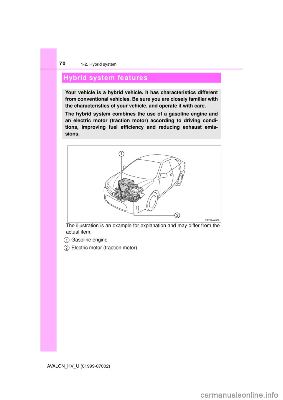 TOYOTA AVALON HYBRID 2016 XX40 / 4.G Owners Manual 70
AVALON_HV_U (01999-07002)
1-2. Hybrid system
The illustration is an example for explanation and may differ from the
actual item.Gasoline engine
Electric motor (traction motor)
Hybrid system feature
