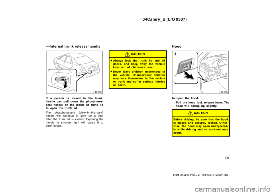 TOYOTA CAMRY 2004 XV30 / 7.G Owners Manual ’04Camry_U (L/O 0307)
29
2004 CAMRY from Jul. ’03 Prod. (OM33616U)
If a person is locked in the trunk,
he/she can pull down the phosphores-
cent handle on the inside of trunk lid
to open the trunk