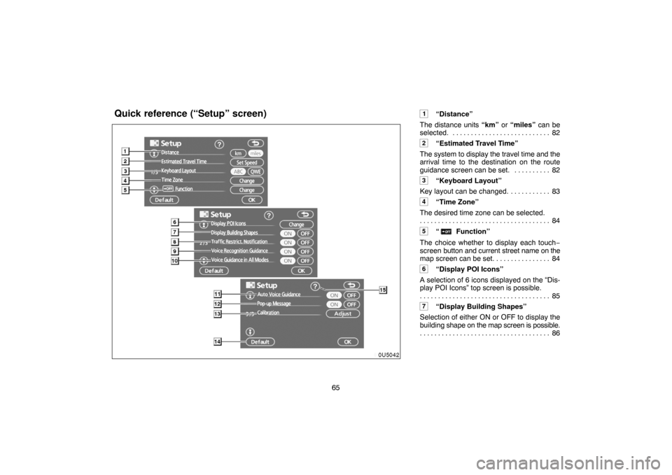 TOYOTA CAMRY 2007 XV40 / 8.G Navigation Manual 65
1“Distance”
The distance units “km” or “miles” can be
selected. 82. . . . . . . . . . . . . . . . . . . . . . . . . . .
2“Estimated Travel Time”
The system to display the travel ti TOYOTA CAMRY 2007 XV40 / 8.G Navigation Manual 65
1“Distance”
The distance units “km” or “miles” can be
selected. 82. . . . . . . . . . . . . . . . . . . . . . . . . . .
2“Estimated Travel Time”
The system to display the travel ti