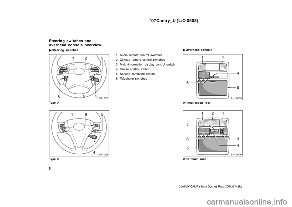 TOYOTA CAMRY 2007 XV40 / 8.G Owners Manual ’07Camry_U (L/O 0608)
6
2007MY CAMRY from Oct. ’06 Prod. (OM33748U)
Ty p e A
LN11008
Ty p e B
1. Audio remote control switches
2. Climate remote control switches
3. Multi−information display  co