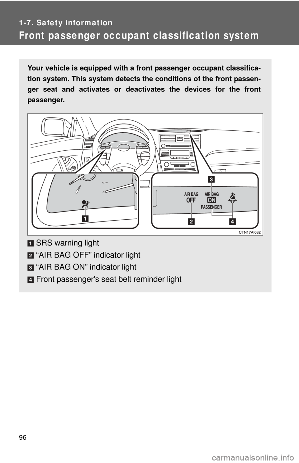 TOYOTA CAMRY 2008 XV40 / 8.G Owners Manual 96
1-7. Safety information
Front passenger occupant classification system
Your vehicle is equipped with a front passenger occupant classifica-
tion system. This system detects the  conditions of the f