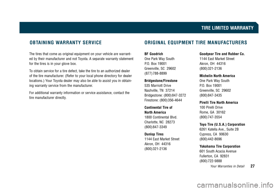 TOYOTA CAMRY 2008 XV40 / 8.G Warranty And Maintenance Guide The tires that come as original equipment on your vehicle are warrant-
ed by their manufacturer and not Toyota. A separate warranty statement
for the tires is in your glove box.
To obtain service fo TOYOTA CAMRY 2008 XV40 / 8.G Warranty And Maintenance Guide The tires that come as original equipment on your vehicle are warrant-
ed by their manufacturer and not Toyota. A separate warranty statement
for the tires is in your glove box.
To obtain service fo