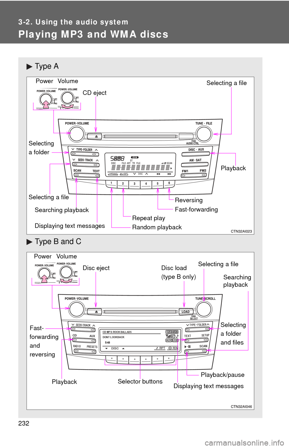 TOYOTA CAMRY 2010 XV40 / 8.G Owners Manual 232
3-2. Using the audio system
Playing MP3 and WMA discs
Ty p e  A
Type B and C
Vo lu m eRandom playbackSelecting a file
Playback
Power
CD eject
Displaying text messages
Selecting a file
Repeat play
