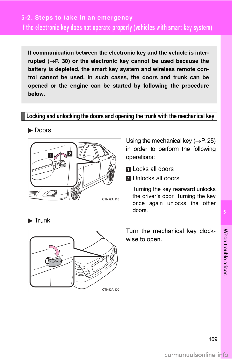 TOYOTA CAMRY 2010 XV40 / 8.G Owners Manual 5
When trouble arises
469
5-2. Steps to take in an emergency
If the electronic key does not operate properly (vehicles with smart key system)
Locking and unlocking the doors and opening the trunk with