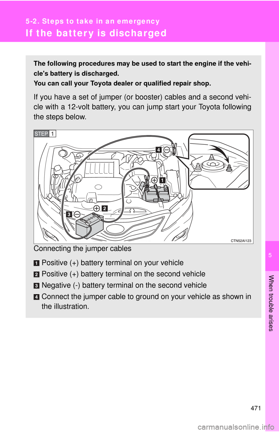 TOYOTA CAMRY 2010 XV40 / 8.G Owners Manual 5
When trouble arises
471
5-2. Steps to take in an emergency
If the batter y is discharged
The following procedures may be used to start the engine if the vehi-
cles battery is discharged.
You can ca