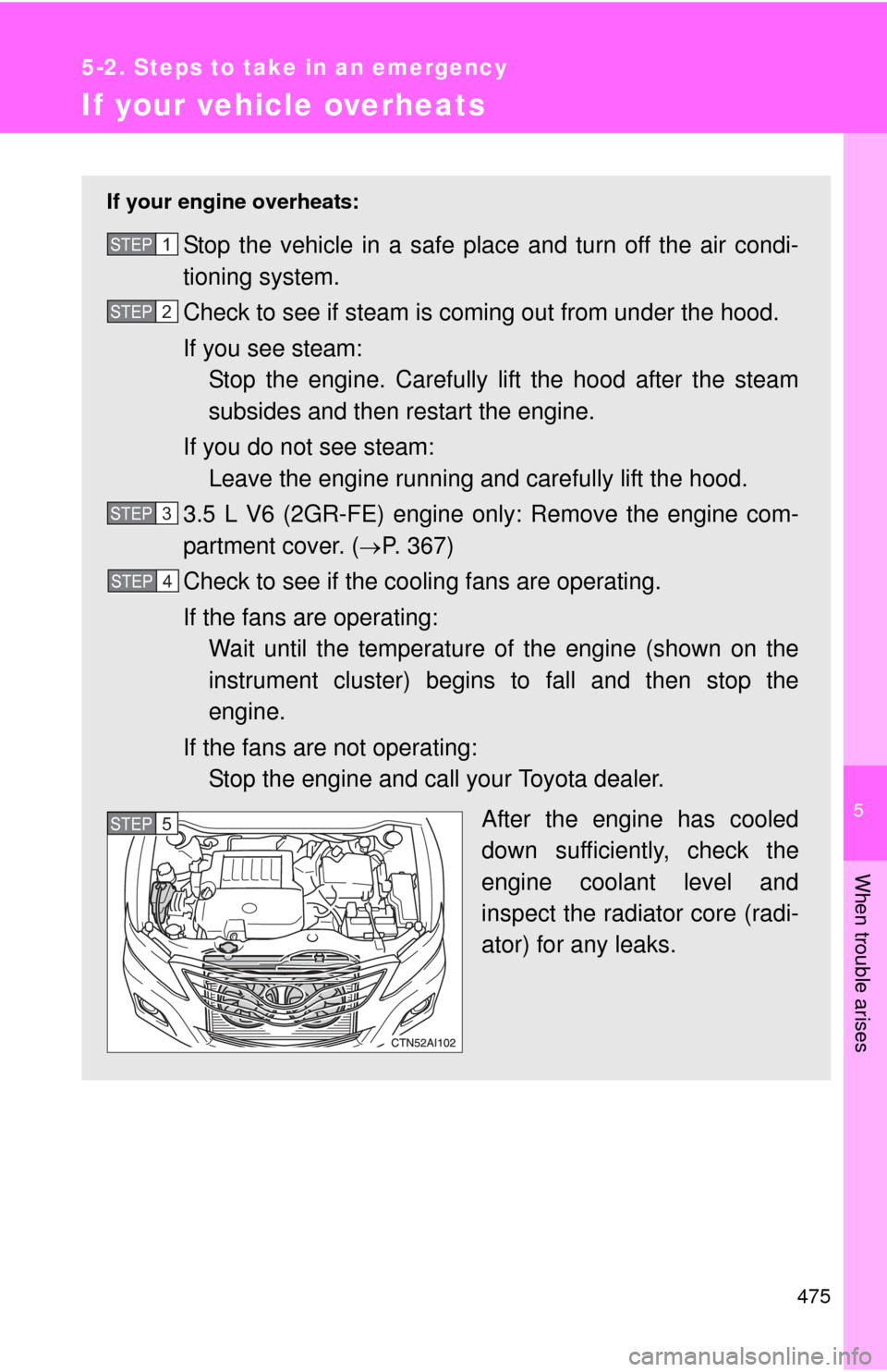 TOYOTA CAMRY 2010 XV40 / 8.G Owners Manual 5
When trouble arises
475
5-2. Steps to take in an emergency
If your vehicle overheats
If your engine overheats:
Stop the vehicle in a safe place and turn off the air condi-
tioning system.
Check to s