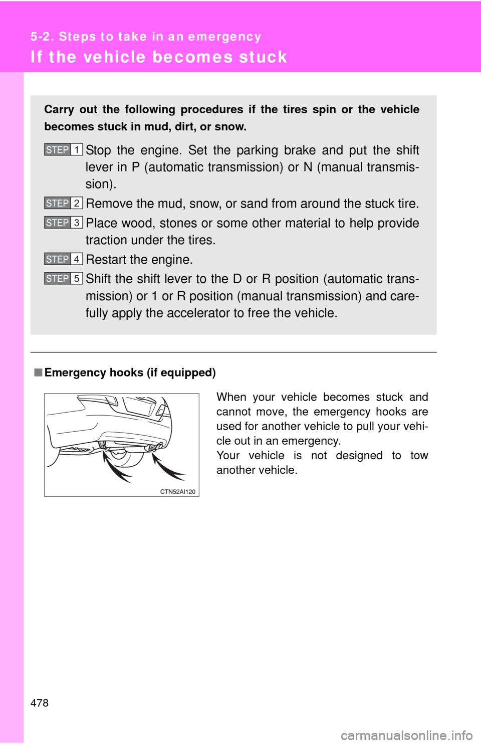 TOYOTA CAMRY 2010 XV40 / 8.G Owners Manual 478
5-2. Steps to take in an emergency
If the vehicle becomes stuck
■Emergency hooks (if equipped)
Carry out the following procedures if  the tires spin or the vehicle
becomes stuck in mud, dirt, or