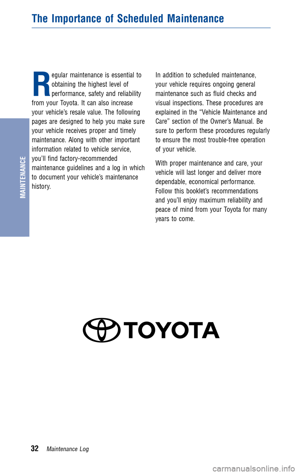 TOYOTA CAMRY 2010 XV40 / 8.G Warranty And Maintenance Guide 