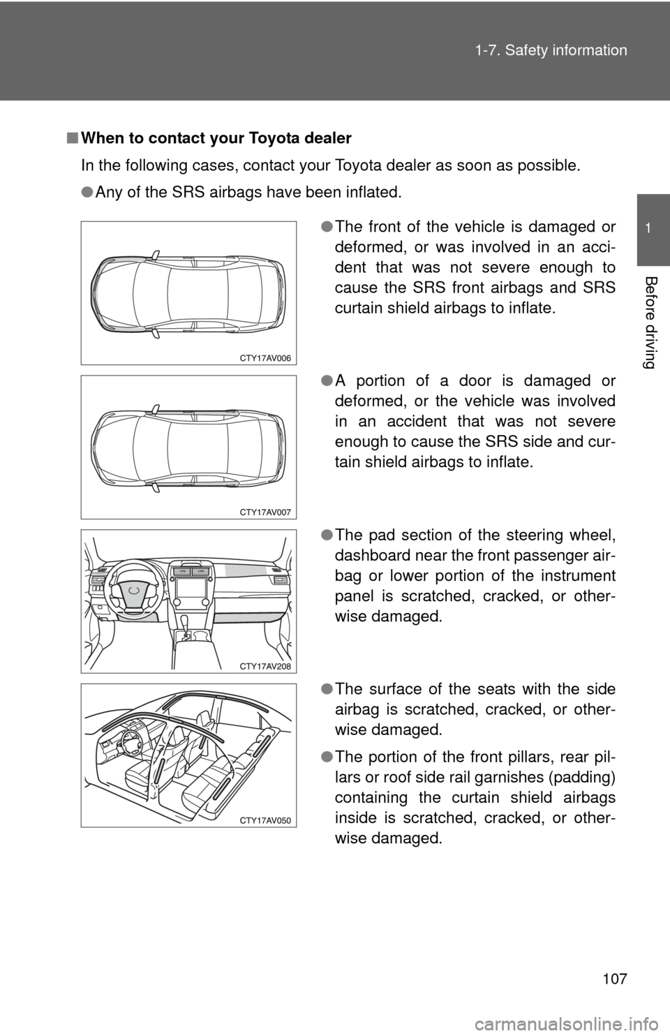 TOYOTA CAMRY 2012 XV50 / 9.G Owners Manual 107
1-7. Safety information
1
Before driving
■
When to contact your Toyota dealer
In the following cases, contact your Toyota dealer as soon as possible.
●Any of the SRS airbags have been inflated
