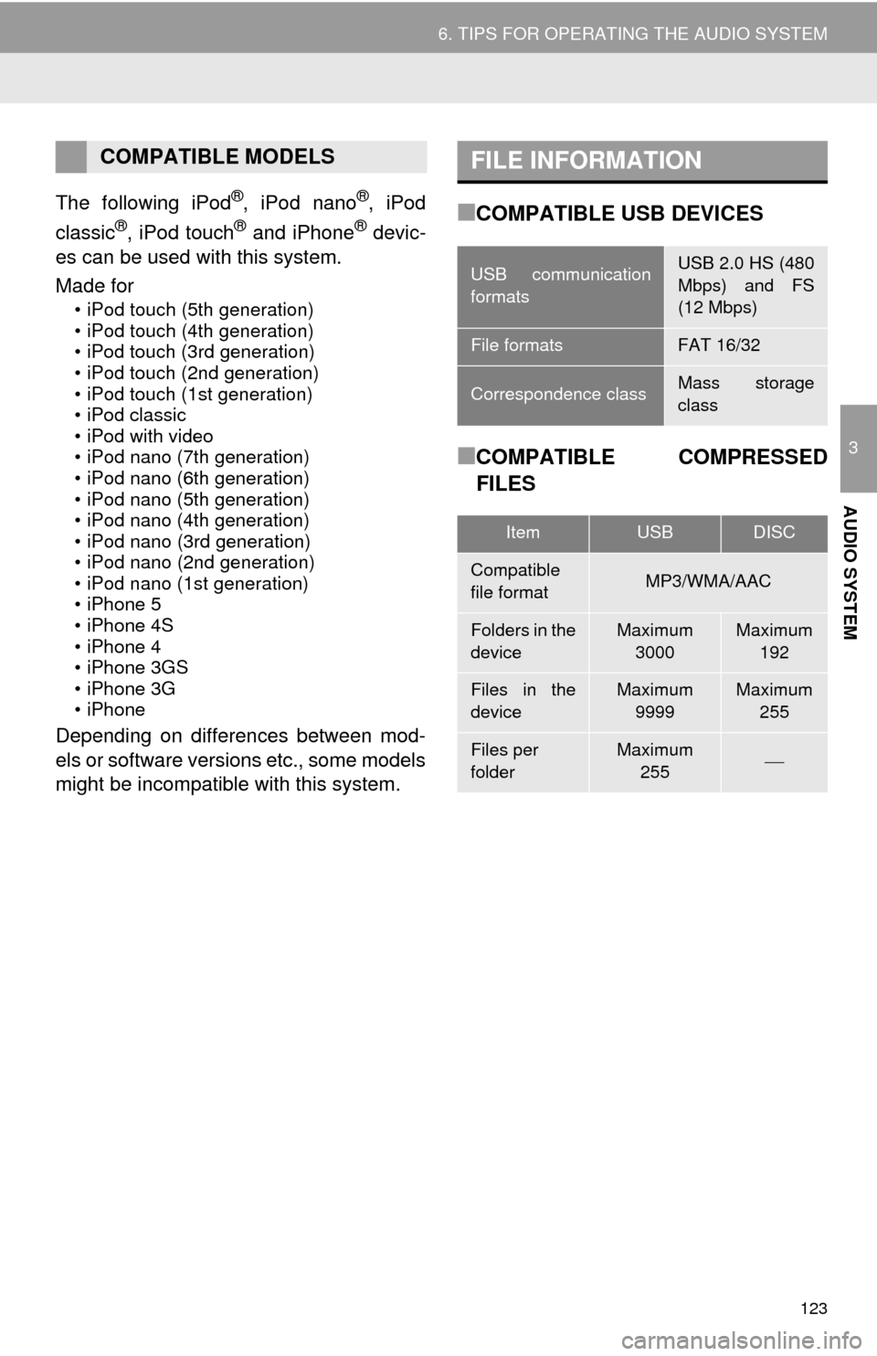 TOYOTA CAMRY 2014 XV50 / 9.G Navigation Manual 123
6. TIPS FOR OPERATING THE AUDIO SYSTEM
3
AUDIO SYSTEM
The following iPod®, iPod nano®, iPod
classic®, iPod touch® and iPhone® devic-
es can be used with this system.
Made for
• iPod touch (