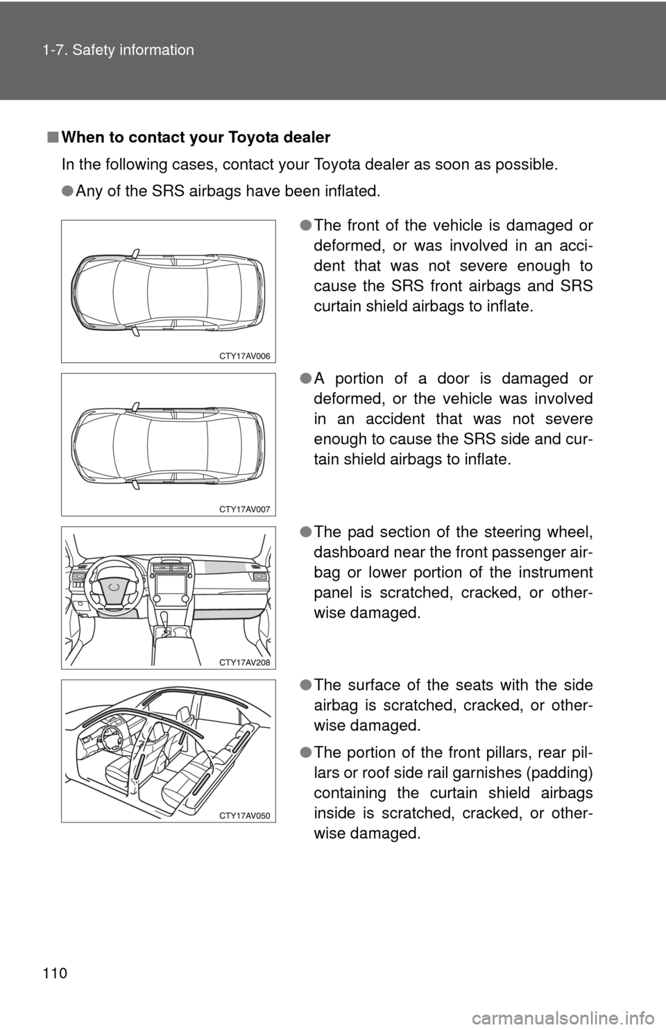 TOYOTA CAMRY 2014 XV50 / 9.G Owners Manual 110 1-7. Safety information
■When to contact your Toyota dealer
In the following cases, contact your Toyota dealer as soon as possible.
●Any of the SRS airbags have been inflated.
●The front of TOYOTA CAMRY 2014 XV50 / 9.G Owners Manual 110 1-7. Safety information
■When to contact your Toyota dealer
In the following cases, contact your Toyota dealer as soon as possible.
●Any of the SRS airbags have been inflated.
●The front of