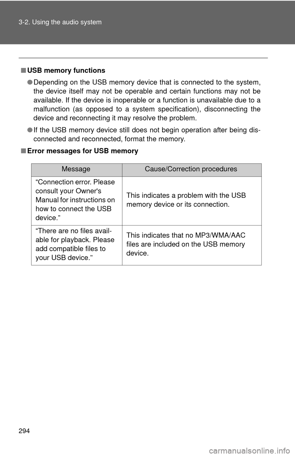 TOYOTA CAMRY 2014 XV50 / 9.G Owners Manual 294 3-2. Using the audio system
■USB memory functions
●Depending on the USB memory device that is connected to the system,
the device itself may not be operable and certain functions may not be
av