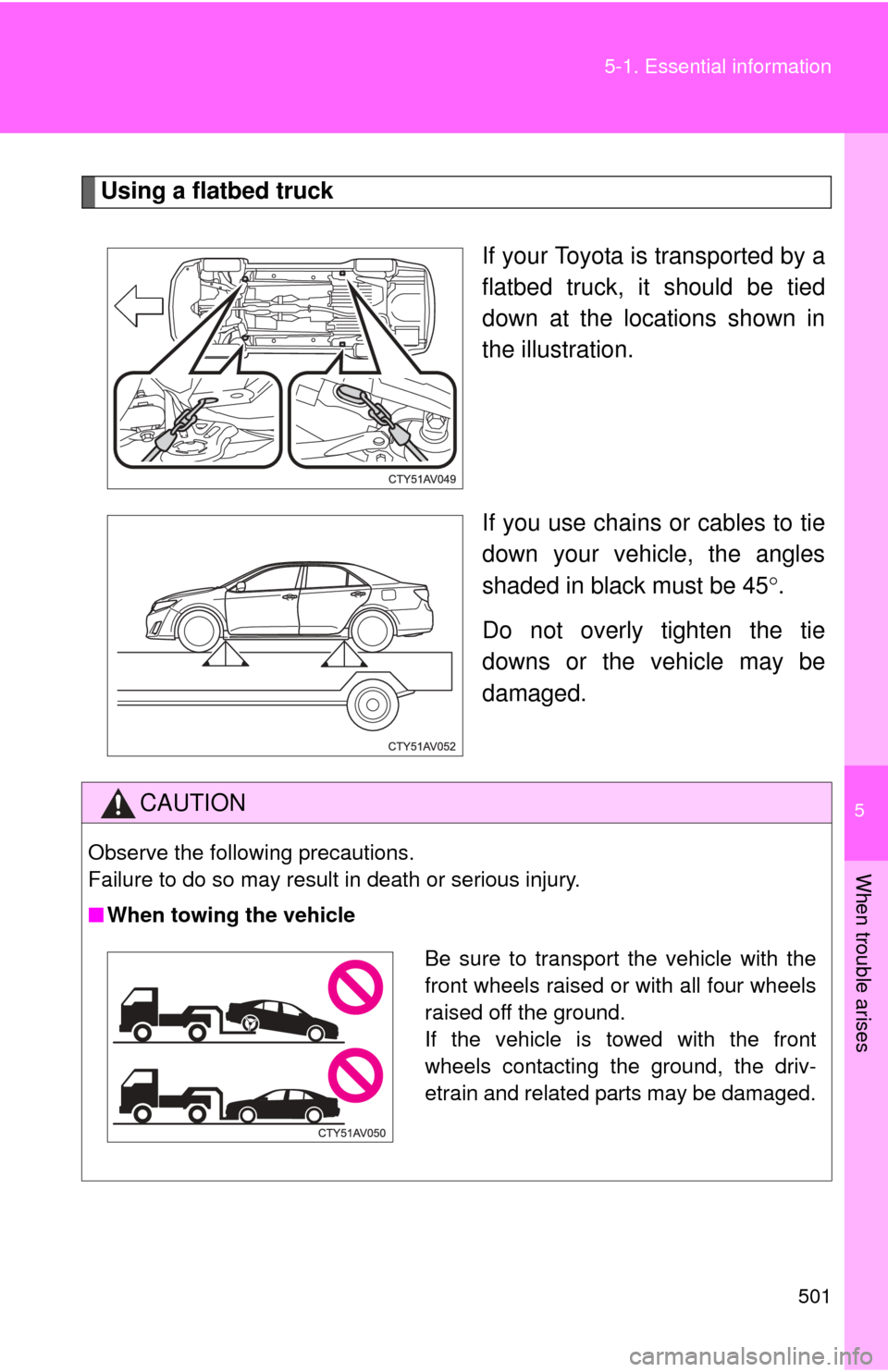 TOYOTA CAMRY 2014 XV50 / 9.G Owners Manual 5
When trouble arises
501
5-1. Essential information
Using a flatbed truck
If your Toyota is transported by a
flatbed truck, it should be tied
down at the locations shown in
the illustration.
If you u
