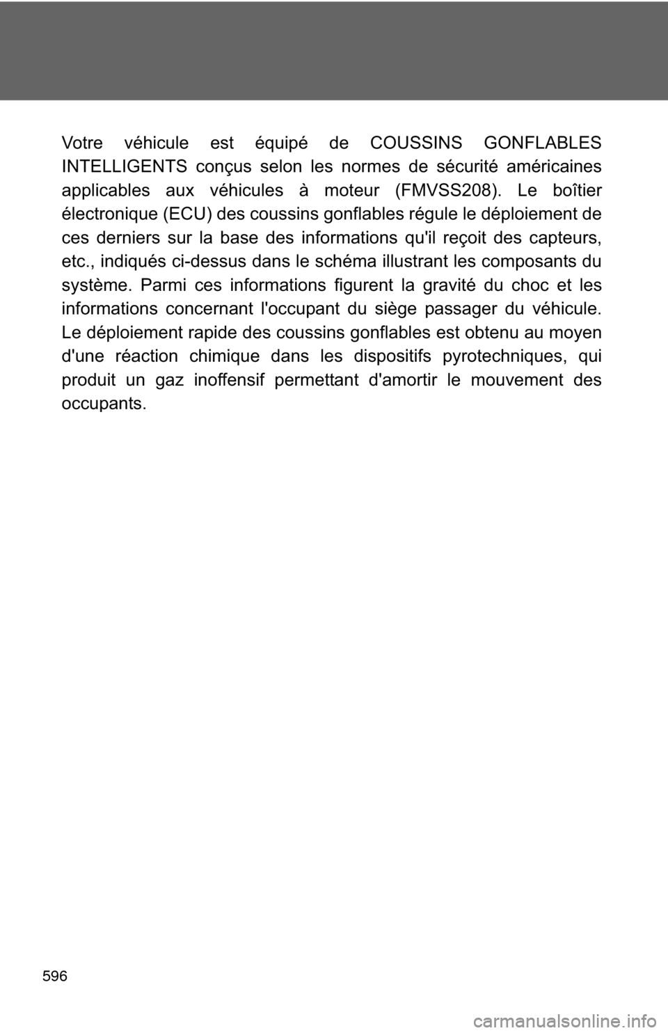 TOYOTA CAMRY 2014 XV50 / 9.G Owners Manual 596
Votre véhicule est équipé de COUSSINS GONFLABLES
INTELLIGENTS conçus selon les normes de sécurité américaines
applicables aux véhicules à moteur (FMVSS208). Le boîtier
électronique (ECU