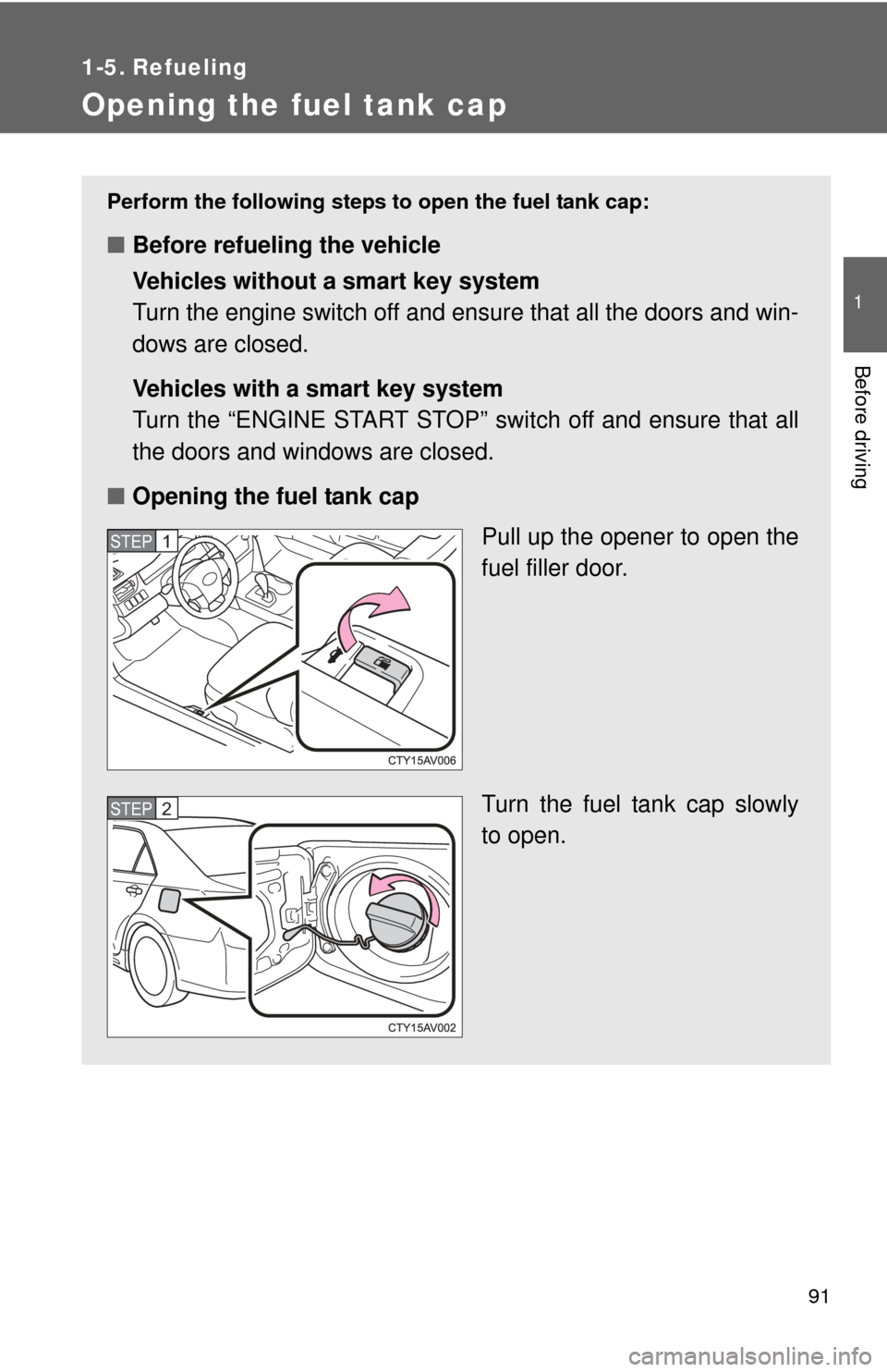 TOYOTA CAMRY 2014 XV50 / 9.G Owners Manual 91
1
Before driving
1-5. Refueling
Opening the fuel tank cap
Perform the following steps to open the fuel tank cap:
■Before refueling the vehicle
Vehicles without a smart key system
Turn the engine 