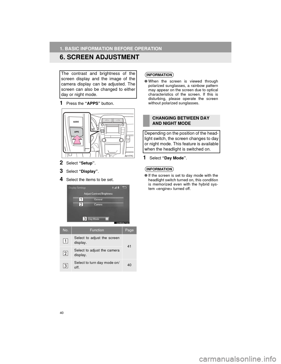 TOYOTA CAMRY 2015 XV50 / 9.G Navigation Manual 40
1. BASIC INFORMATION BEFORE OPERATION
Camry_Navi_U
6. SCREEN ADJUSTMENT
1Press the “APPS” button.
2Select “Setup” .
3Select “Display” .
4Select the items to be set.
1Select “Day Mode TOYOTA CAMRY 2015 XV50 / 9.G Navigation Manual 40
1. BASIC INFORMATION BEFORE OPERATION
Camry_Navi_U
6. SCREEN ADJUSTMENT
1Press the “APPS” button.
2Select “Setup” .
3Select “Display” .
4Select the items to be set.
1Select “Day Mode