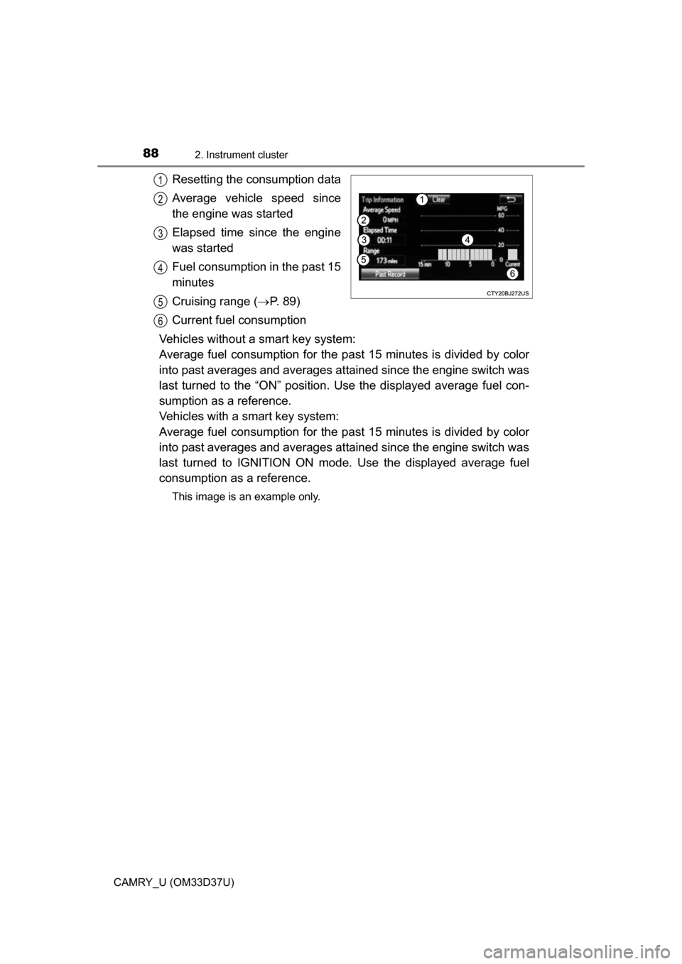 TOYOTA CAMRY 2016 XV50 / 9.G Owners Manual 882. Instrument cluster
CAMRY_U (OM33D37U)
Resetting the consumption data
Average vehicle speed since
the engine was started
Elapsed time since the engine
was started
Fuel consumption in the past 15
m