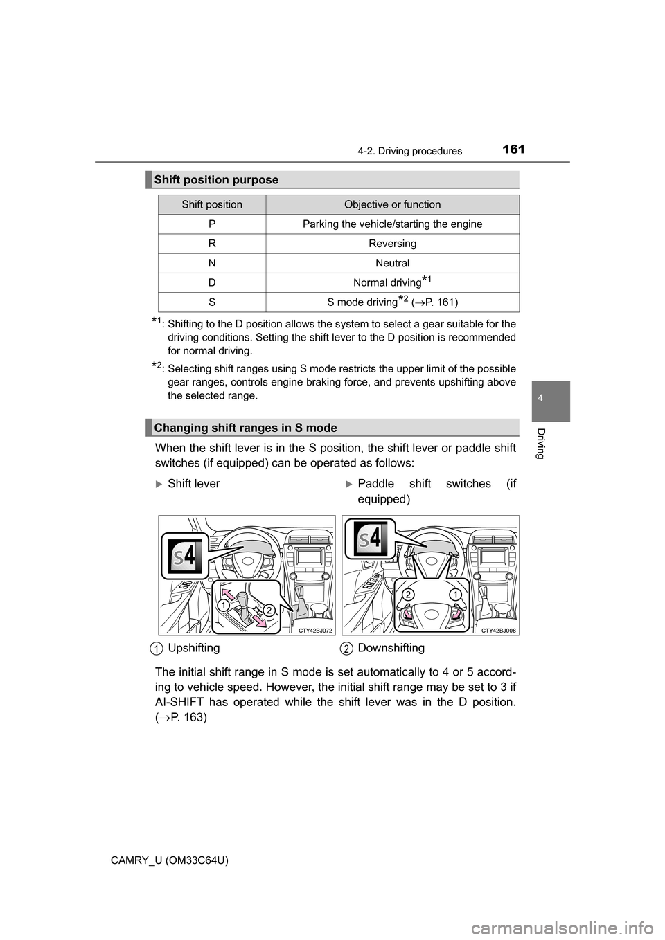 TOYOTA CAMRY 2017 XV50 / 9.G Owners Manual 1614-2. Driving procedures
4
Driving
CAMRY_U (OM33C64U)
*1: Shifting to the D position allows the system to select a gear suitable for thedriving conditions. Setting the shift lever to the D position TOYOTA CAMRY 2017 XV50 / 9.G Owners Manual 1614-2. Driving procedures
4
Driving
CAMRY_U (OM33C64U)
*1: Shifting to the D position allows the system to select a gear suitable for thedriving conditions. Setting the shift lever to the D position