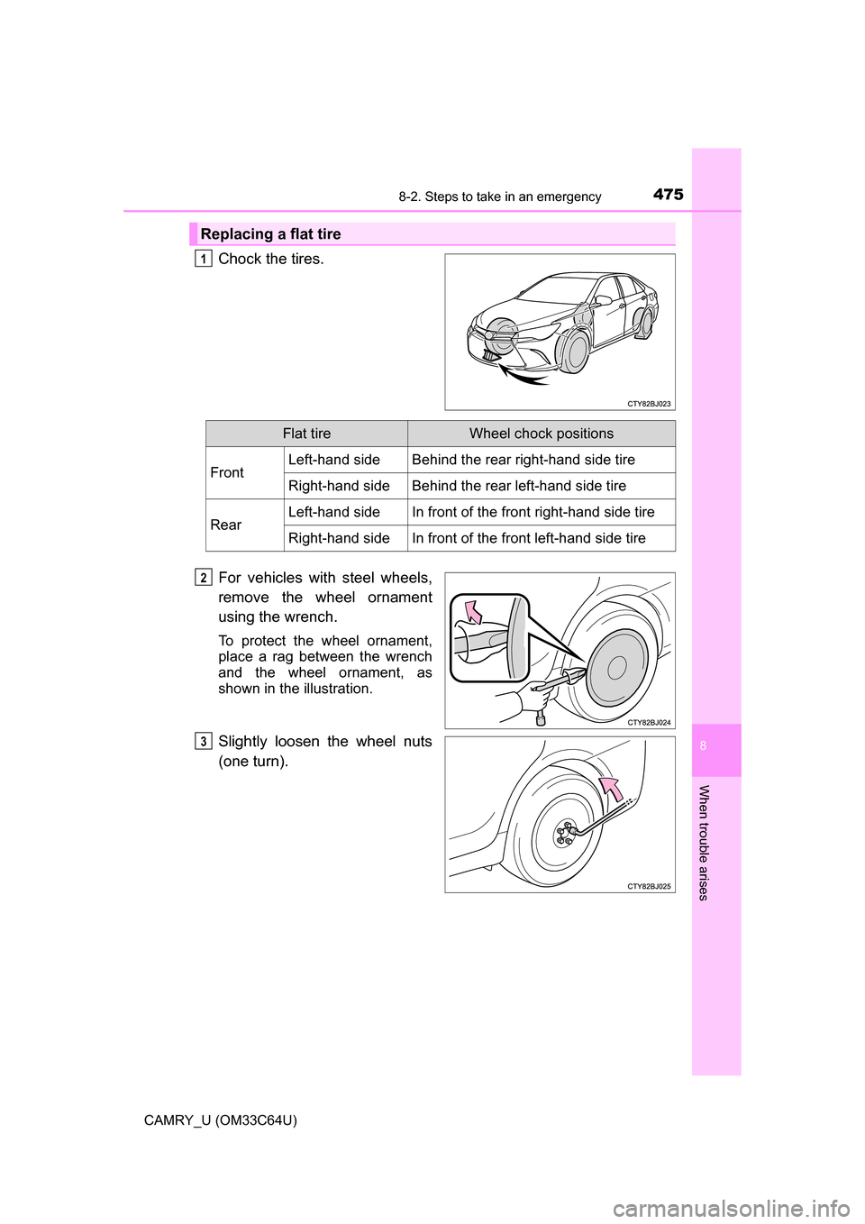 TOYOTA CAMRY 2017 XV50 / 9.G Owners Manual 4758-2. Steps to take in an emergency
8
When trouble arises
CAMRY_U (OM33C64U)
Chock the tires.
For vehicles with steel wheels,
remove the wheel ornament
using the wrench.
To protect the wheel ornamen