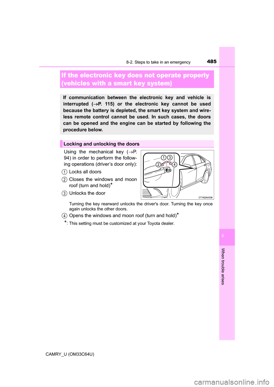 TOYOTA CAMRY 2017 XV50 / 9.G Owners Manual 4858-2. Steps to take in an emergency
8
When trouble arises
CAMRY_U (OM33C64U)
Using the mechanical key (P.
94) in order to perform the follow-
ing operations (driver’s door only):
Locks all door