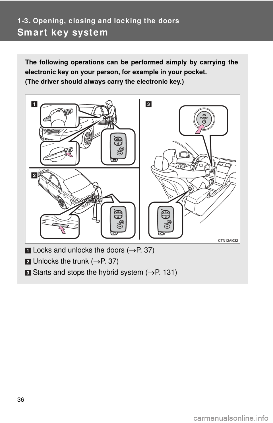 TOYOTA CAMRY HYBRID 2008 XV40 / 8.G Owners Manual 36
1-3. Opening, closing and locking the doors
Smart key system
The following operations can be performed simply by carrying the
electronic key on your person, for example in your pocket.
(The driver 